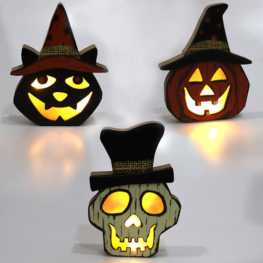 Halloween Lamp Wooden Pumpkin-Skull-Cat